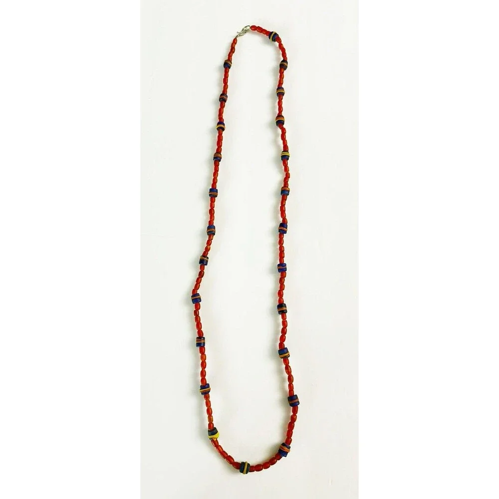 Vintage Jewelry Glass Beaded Long Necklace Handmade African Red Boho Y2K Artisan